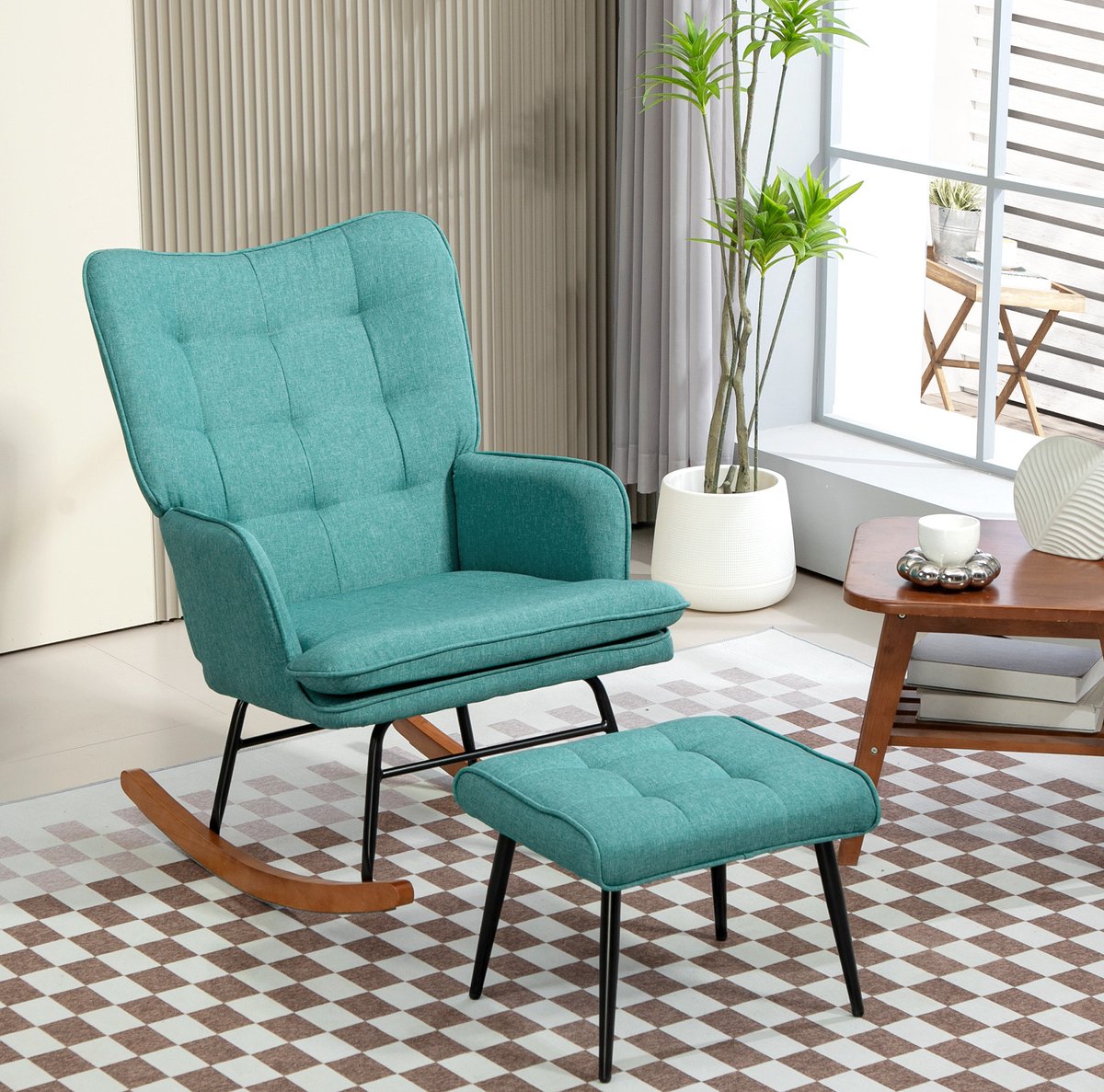 MODENUIT Schommelstoel Met Hocker - Fauteuil - Voor Woonkamer En Slaapkamer - Polyester - Donkergroen