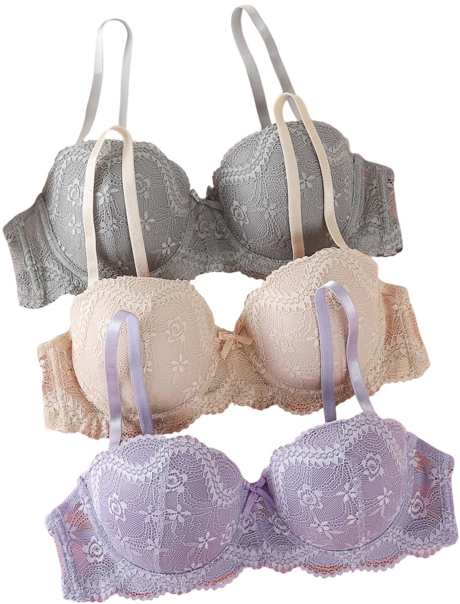 Currero BH Zonder Beugel - Strapless - Zonder Bandjes - Met Voorsluiting - Push-up Bh's - Comfort Beha - Comfortabel - Grote Sluiting - Lichtpaars + Lichtgrijs + Abrikoos - Cupmaat
