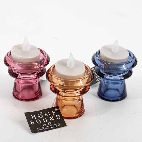 Drie omkeerbare glazen kaarsenstandaards: roze, oranje en blauw, met LED-kaarsjes.