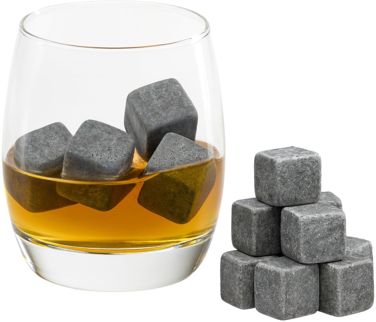 Grenhaven Set van 9 whiskystenen, grijs, van natuurlijk speksteen, on the Rocks, koelstenen met praktische stoffen zak - ShopVlot