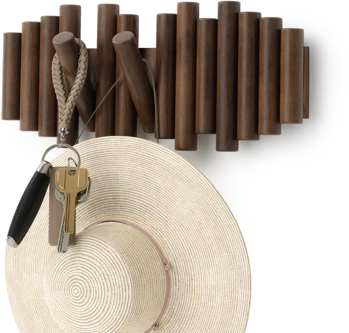Famanu Wandkapstok met 5 haken van gerijpt walnoothout, ideaal voor het ophangen van jassen en accessoires Naturel
