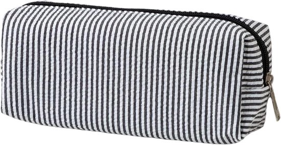 Zwarte gestreepte etui met rits.