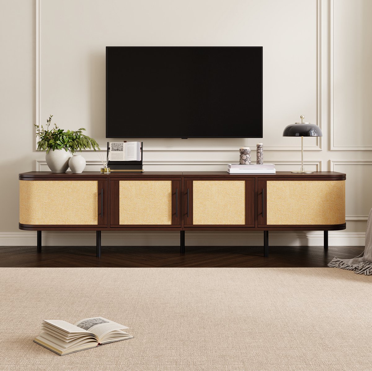 FloraGrace Tv Meubel - Gevlochten Front Met 4 Deuren En Stabiele Mdf Constructie - Voor Woonkamer En Tv Opstelling - Walnoot - 180x40x45 Cm