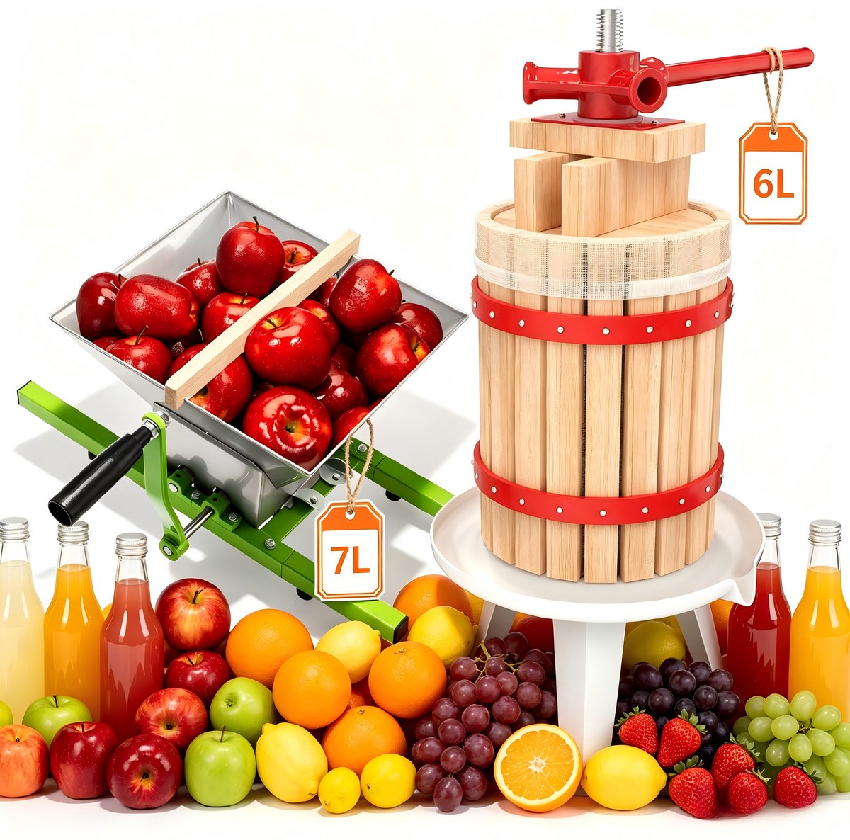 Froadp 6L Handmatige Fruitpers & 7L Fruitmolen - Handmatige fruitpersset - voor vers fruit, familiebijeenkomsten,Wijnmaken