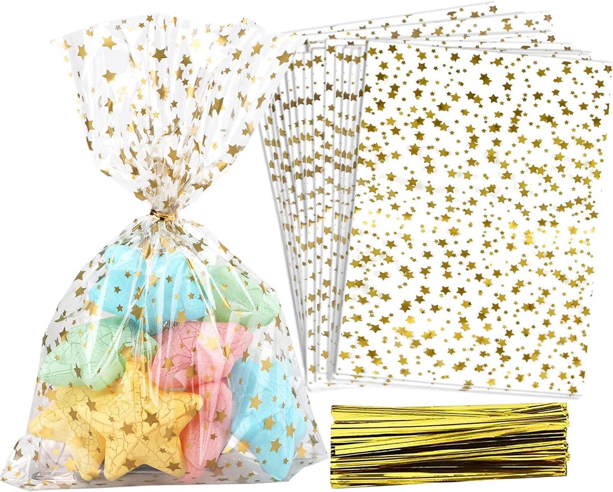 100 met sterren bedrukte cellofaan snoepzakjes van 12,5 x 18,5 cm voor feestjes - Transparante snoep- en koekjeszakjes - Voedselbewaarzakjes met sluiting, geschikt voor bakken, verjaardagen, bruiloften en feestdecoraties (goud)