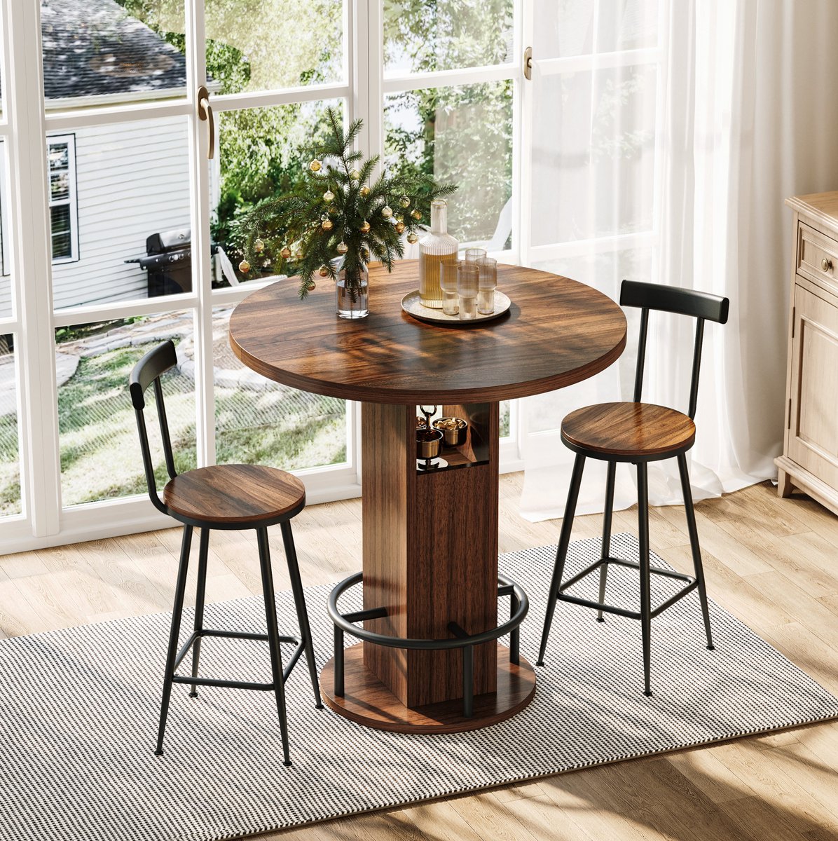 Wishdor Bar tafel en hocker set - 3-delig rond - 2 barkrukken met metalen voetsteun - Modern - Keuken eetkamer woonkamer - Hout metaal - Walnoot - Ø 80 cm, 91,5 cm hoog