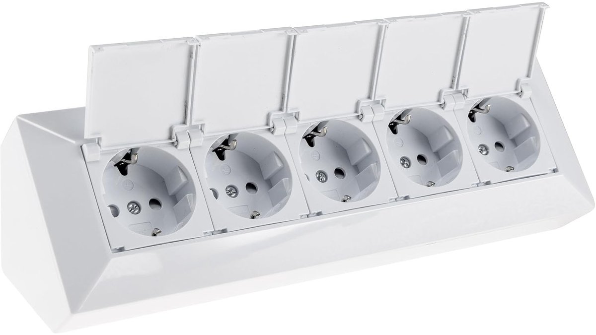Stekkerdoosblok - Wit - 80 x 265 x 80 mm - 5-voudig met Klapdeksel - Voor Keuken en Kantoor