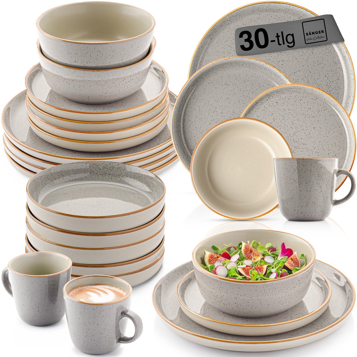 Sänger Aardewerk Serviesset - Combinatieservies - 30-delig - Perlgrau - Krasbestendig - Geschikt voor Vaatwasser en Magnetron