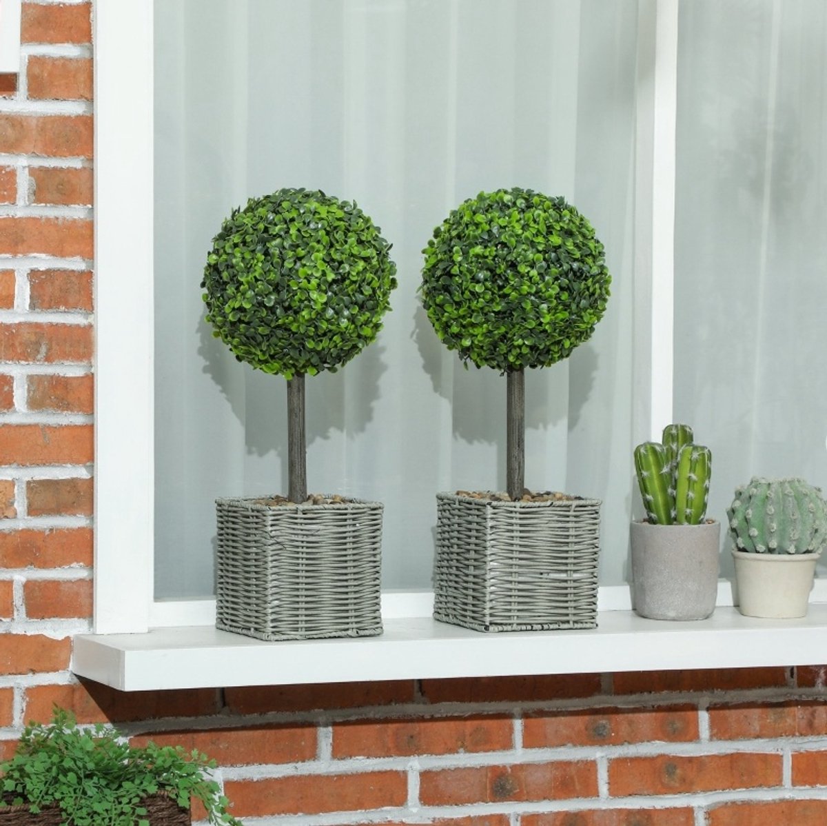 REDOM - Kunstplant - Buchsbaumkugels in pot - UV-bestendig en onderhoudsvrij - Gevlochten bloempot - Voor binnen en buiten - Kunststof - Groen - 50 cm