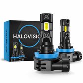 Twee HaloVision Turbo LED koplampen met blauwe ringen, naast een doos met HaloVision logo.