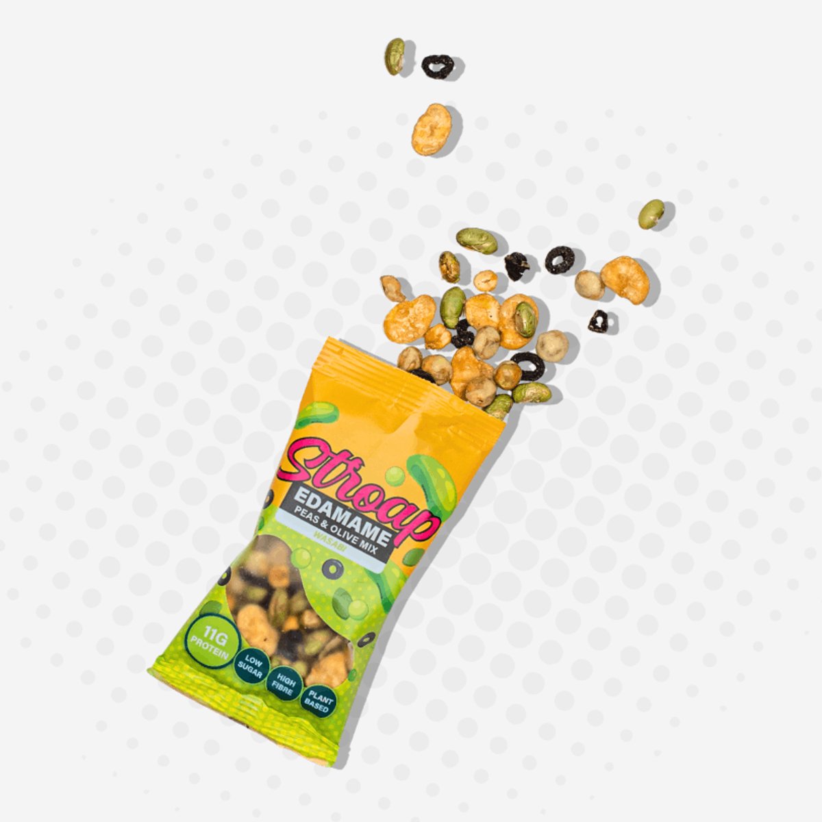 Stroap - display (12 st à 40g) Edamame Peas and Olive Mix Wasabi - hoog in eiwit - suikerarm - rijk aan vezels - plantaardig - glutenvrij - lactosevrij