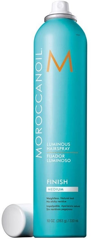 Turquoise Moroccanoil Luminous Hairspray Medium fles, spuitmond eraf. Weightless. Natural look.