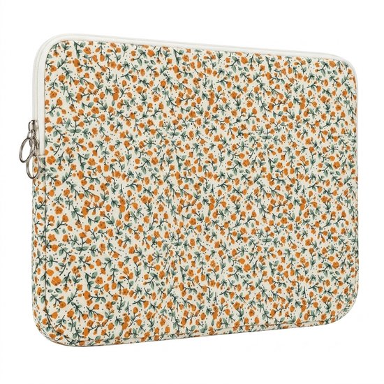 Housse d'ordinateur à motif floral blanc, jaune et vert avec fermeture éclair blanche et doubles tirettes rondes.