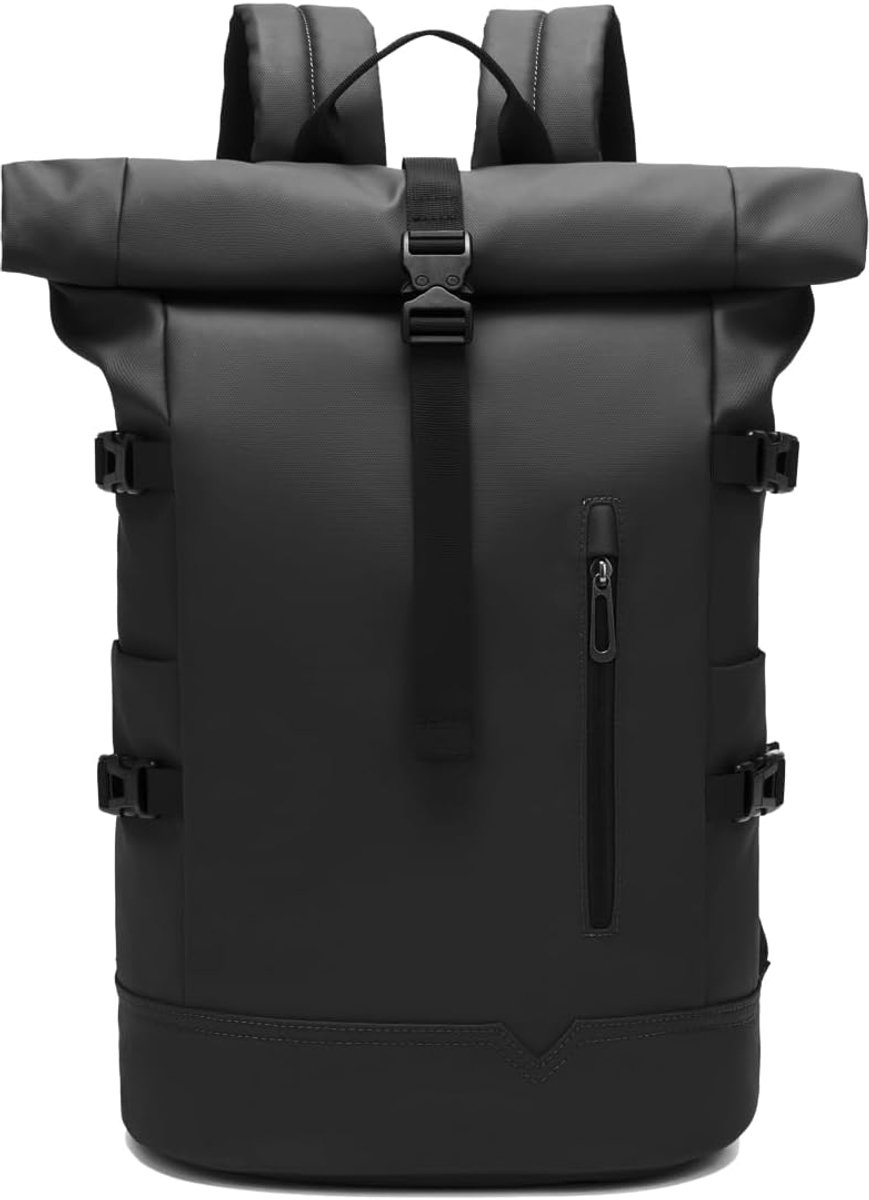 Rolltop rugzak, waterdicht, voor dames en heren, 33 liter, grote fietsrugzak, 15,6 inch, laptoprugzak, licht, perfect voor werk, school, reizen en outdoor-activiteiten, zwart