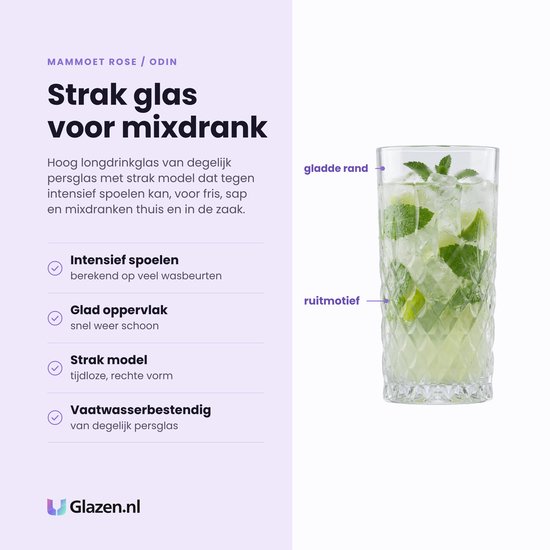 Verre highball haut avec un motif en losange et un bord lisse, rempli de glace, de menthe et de citron vert.