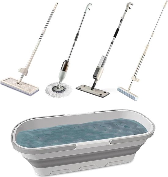 Opvouwbare Mop Emmer - Schoonmaak Kuip - Efficiënt Schoonmaken - Met Wielen en Wasbord - 12 Liter Capaciteit - Wit Grijs — afbeelding 4