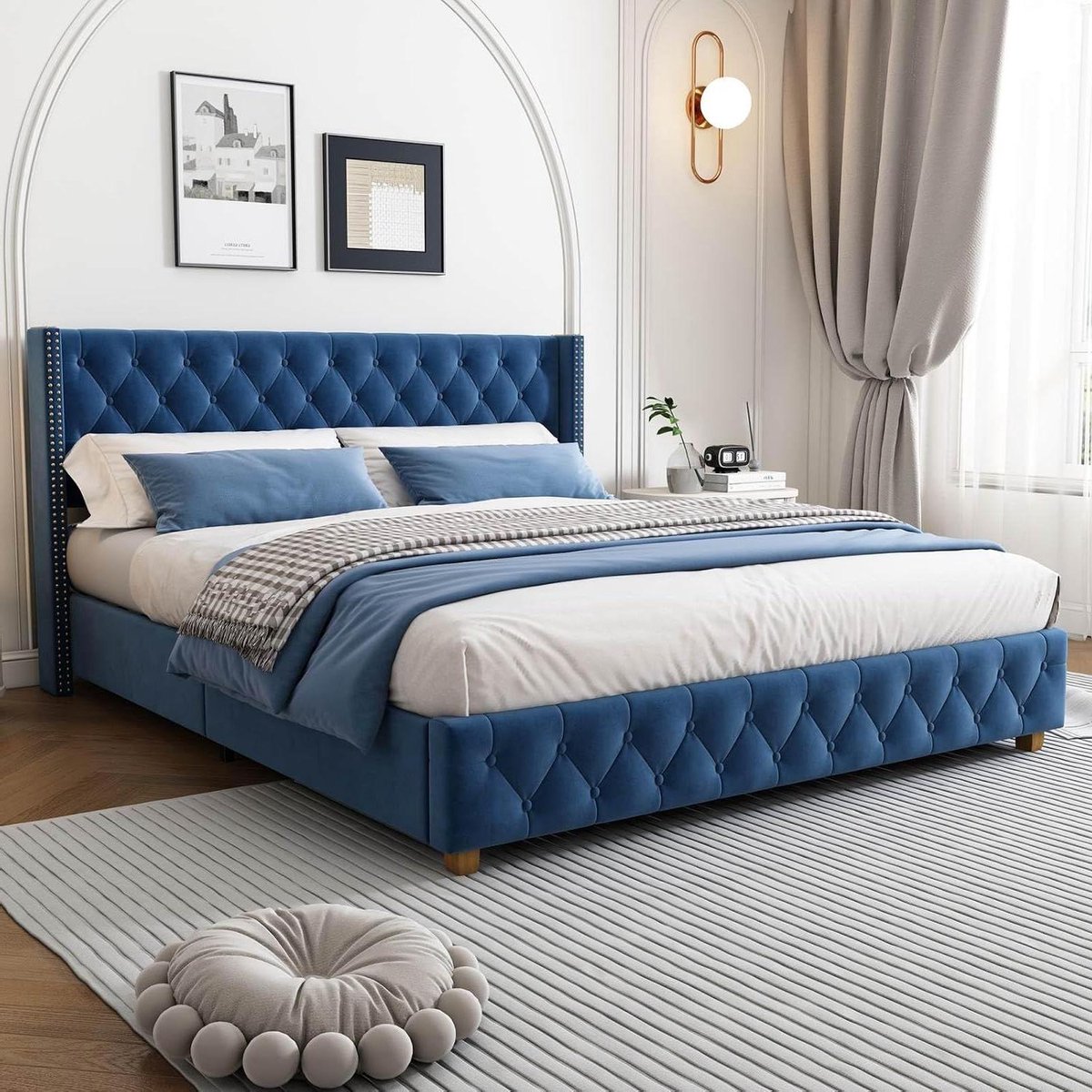Gestoffeerd Tweepersoonsbed - Luxe Bed - Comfortabel Slapen - Gevoerd Hoofdeinde - 160 x 200 cm - Blauw