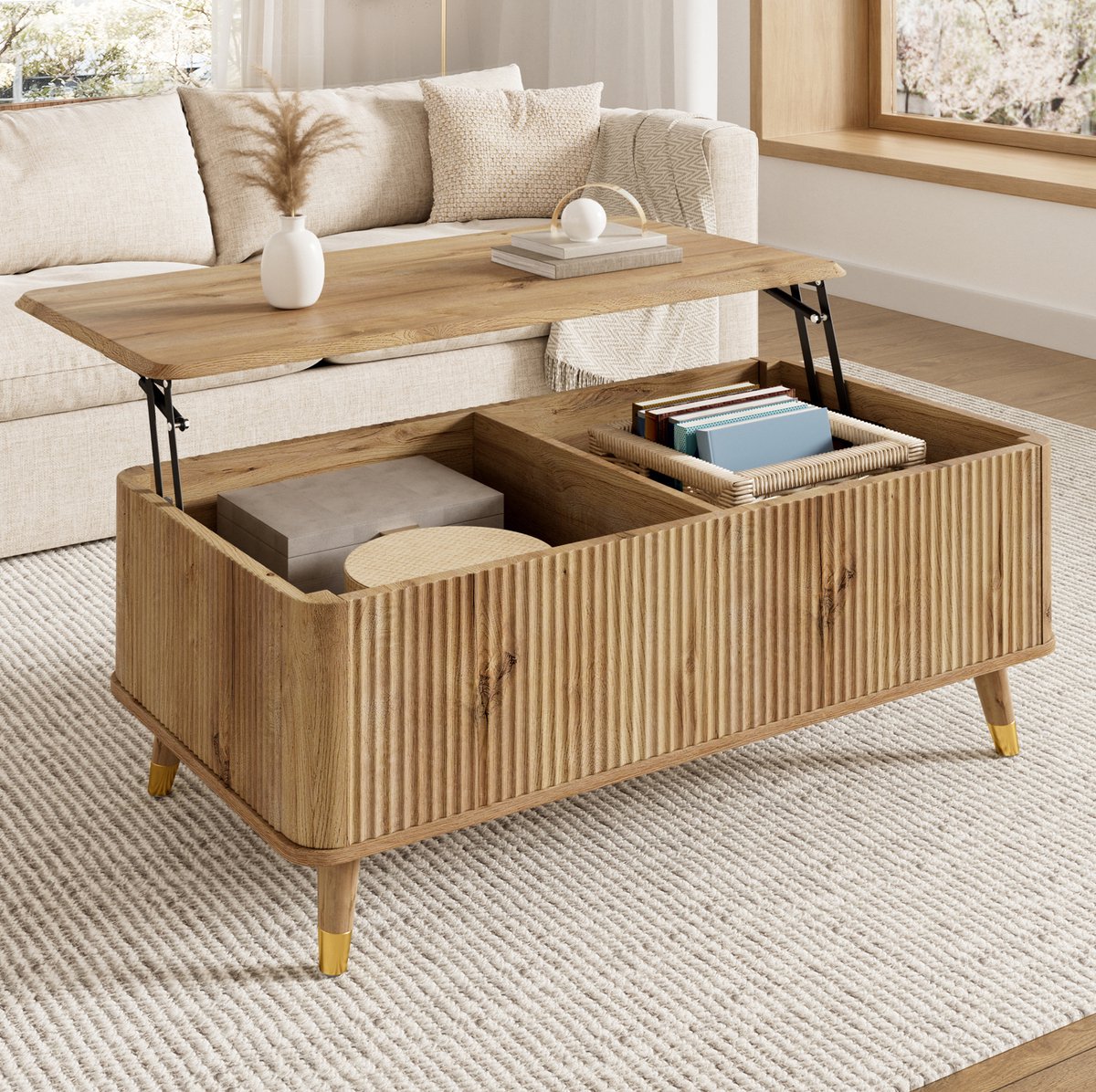 MIVRAY Salontafel - Hoogteverstelbaar Blad Met Golfstructuur En Opbergruimte - Modern Retro Voor Woonkamer En Kleine Ruimtes - MDF En Hout - 97 X 52 X 56,5 Cm