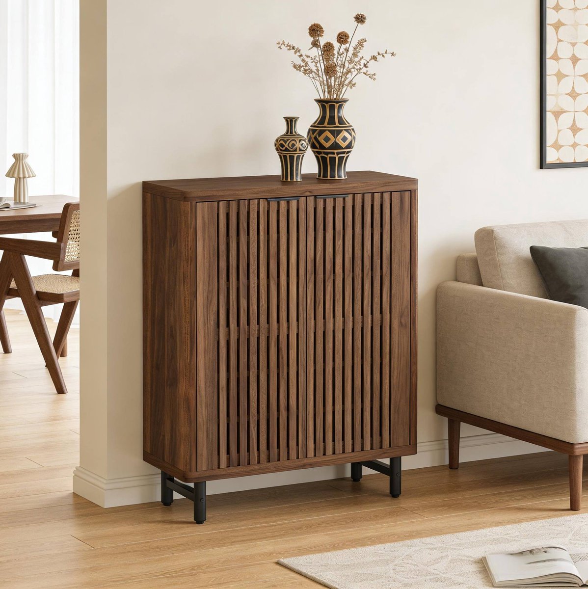 MIVRAY Schoenenkast - Geventileerde Lamellendeuren Met Verstelbare Planken - Vrijstaande Opbergkast Voor Hal En Woonkamer - MDF En Metaal - 85x35x110 Cm - Donkerbruin