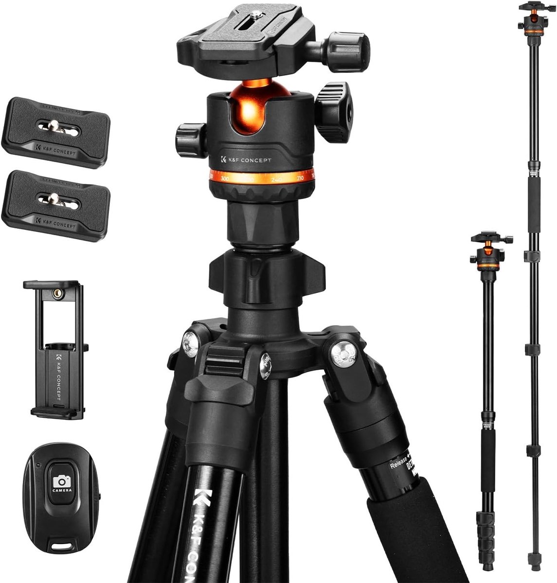 Camerastatief - Zwart - 192 cm - Aluminium Reisstatief met Mobiele Telefoonhouder - Voor Smartphone en Camera