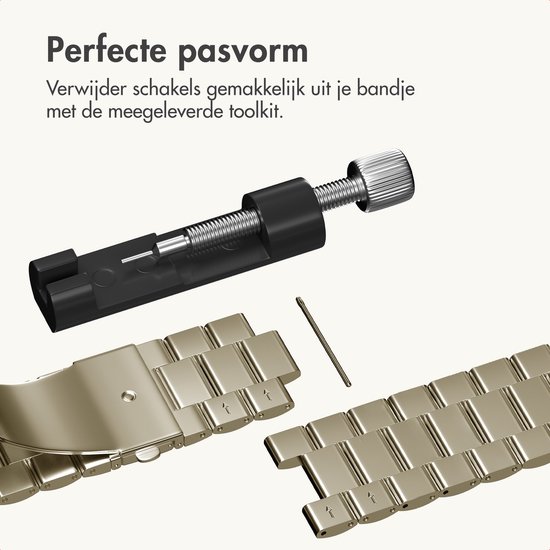 Stalen bandonderdelen met een tool om schakels te verwijderen. "Perfecte pasvorm" is de tekst.