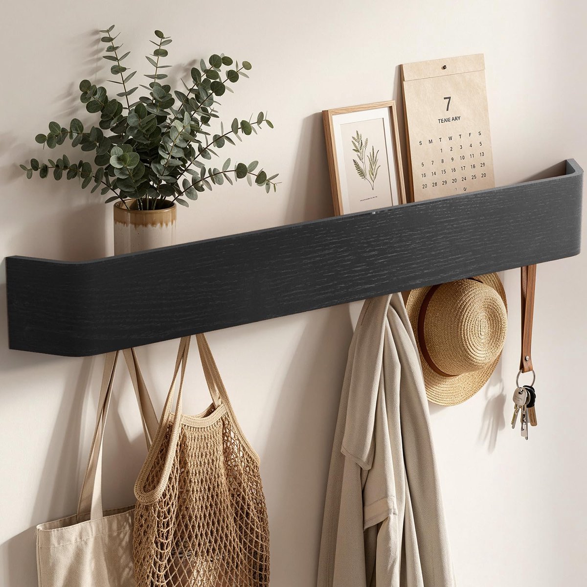 Famanu Garderobelijst van 88 x 10 x 7,5 cm, wandgarderobe met plank, 10 verborgen kapstokken, kledinghaken voor entree, gang, woonkamer en slaapkamer in zwart