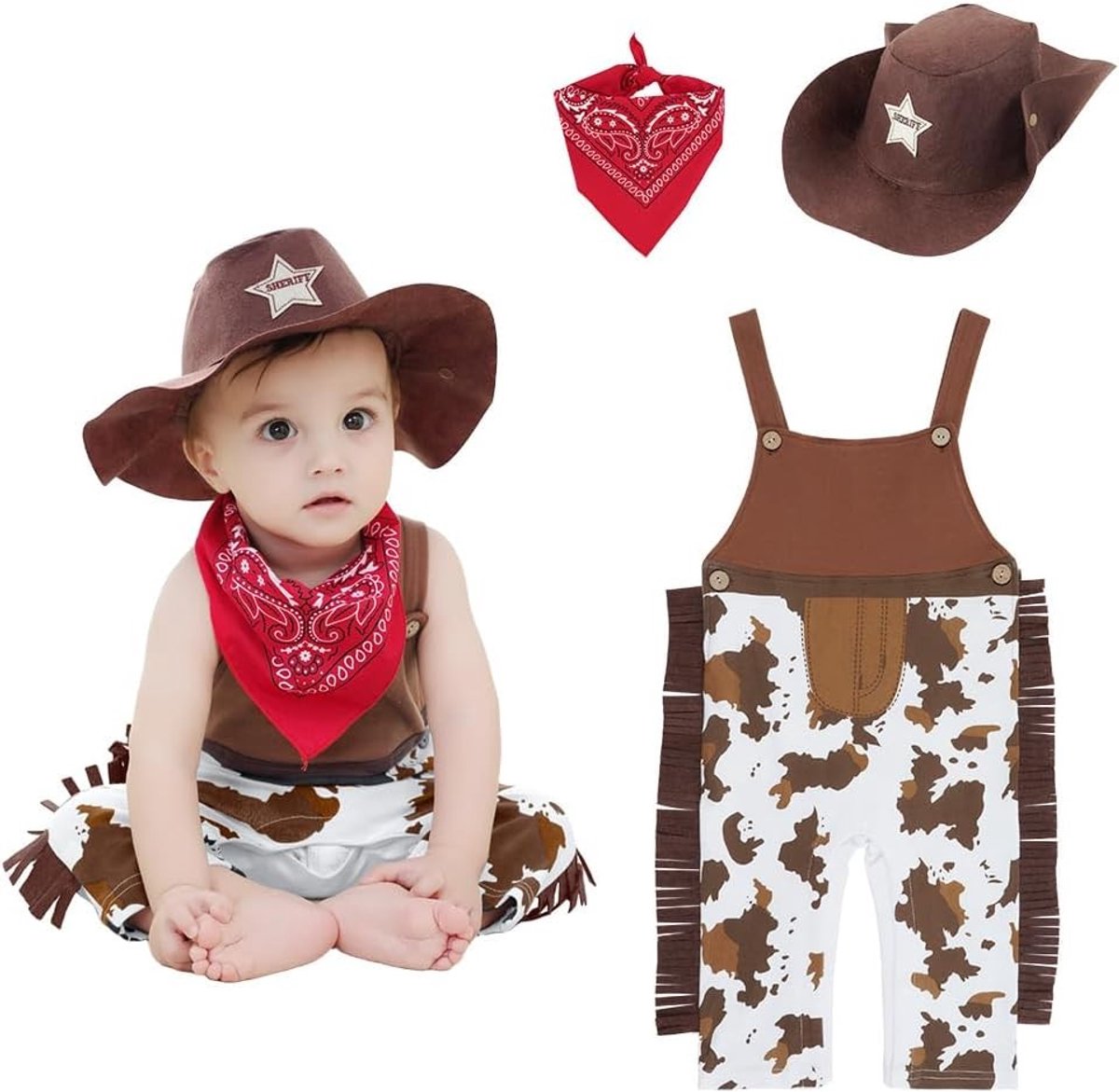 Cowboy Kostuum voor Kinderen, Dungarees Outfit met Rode Bandana en Hoed voor Feestjes, Halloween en Verkleedpartijen - 110 yards