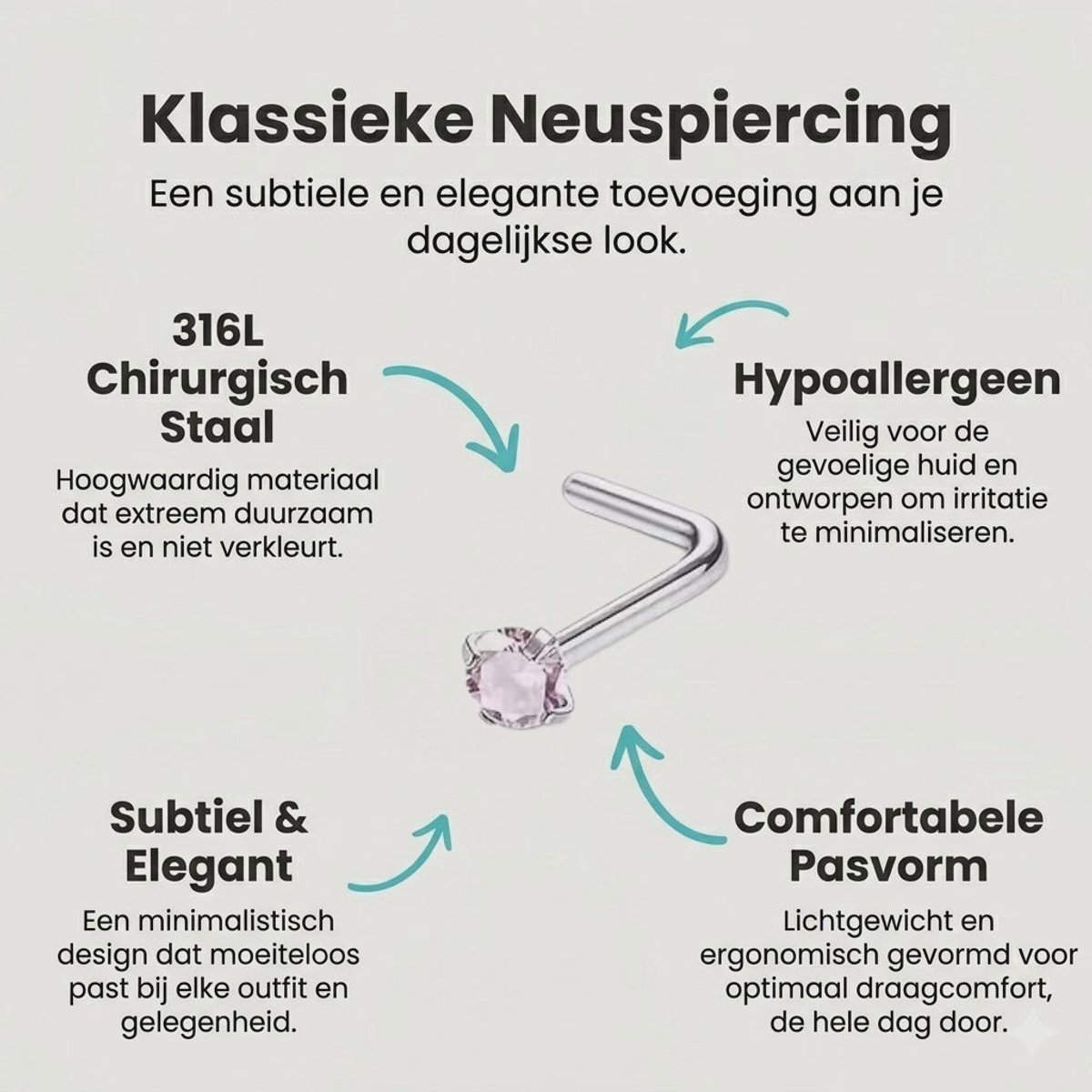 Stalen Neuspiercing Ronde Zirkonia 2mm – L-Staafje - AB Dark