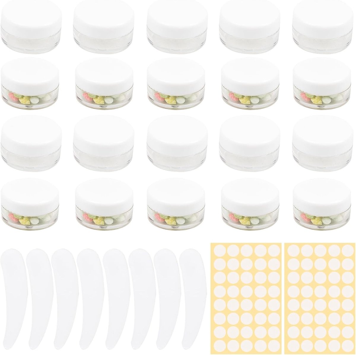 Lege Cosmetische Potjes Set van 73 Stuks, 5g/5ml Mini Jars met Deksel voor Lip Balm, Make-up en Creatieve Projecten, Inclusief 8 Schrapers en 2 Stickers