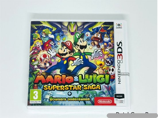 Mario & Luigi: Superstar Saga + Bowsers Onderdanen Nintendo 3DS gamecover met Mario en Luigi, Toad, Bowser en andere personages.