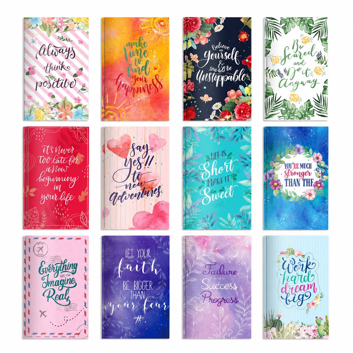 VHV-Mini Notitieboek Set - 12 Stuks - 8x12.5 cm - Gelinieerd Schrijfboek -Inspirerende Quotes Notebook - Kleine Motiverende Notitieboekjes voor School en Kantoor