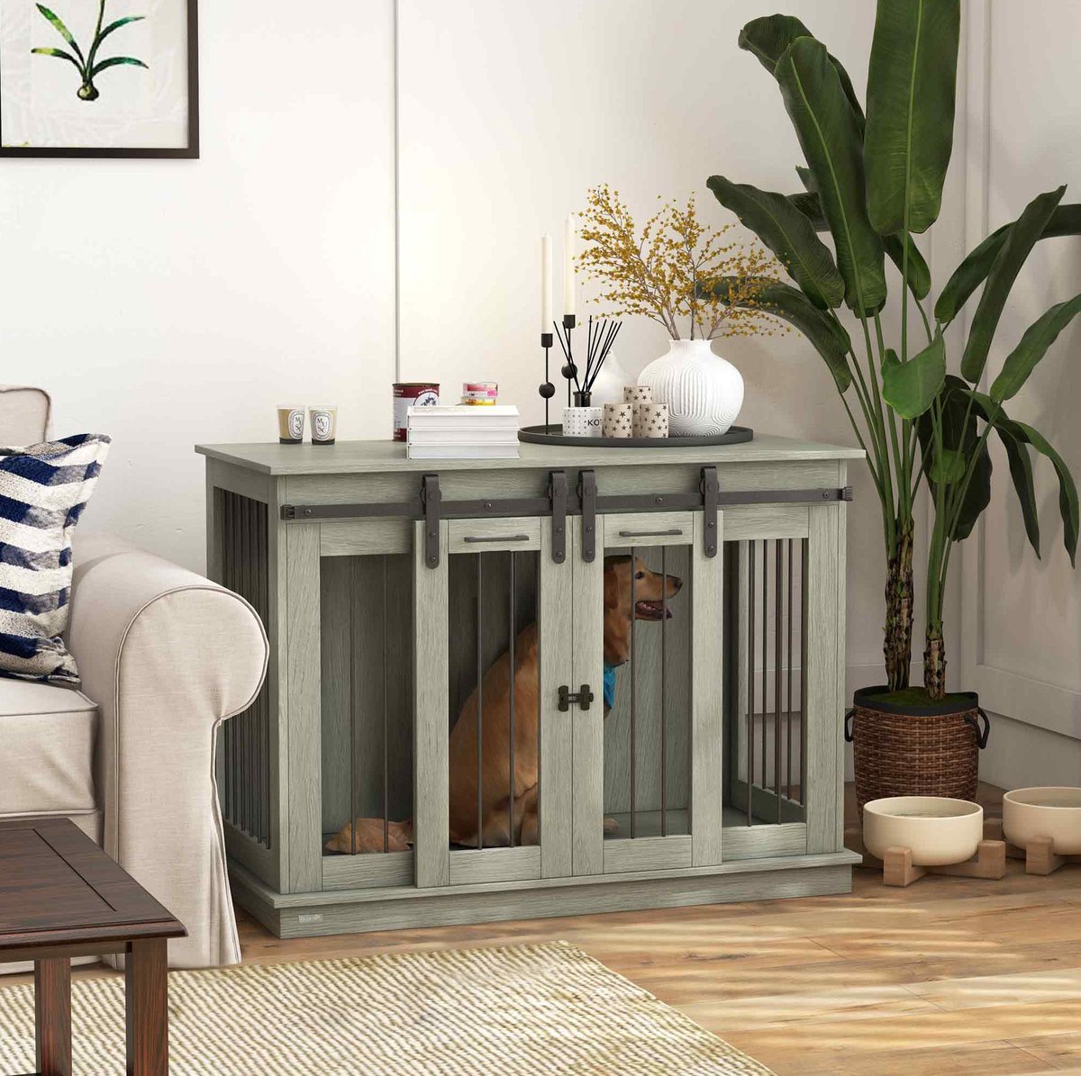 REDOM - Hondenbench - Met scheidingspaneel - Dubbele deuren - Rustieke stijl - Voor middelgrote honden - Hout - Grijs - 120 x 60 x 88,5 cm