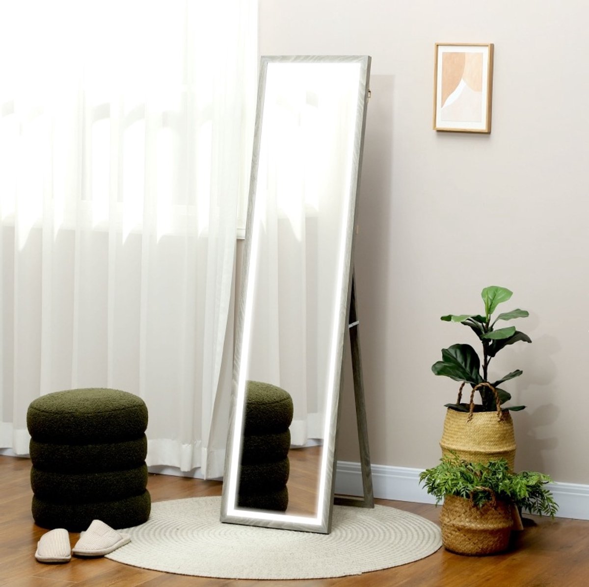 REDOM - Staande spiegel - LED-verlichting met 3 lichtkleuren - Touchbediening en dimbaar - Vrijstaand, wandmontage of leunend - MDF en glas - Grijs - 40 x 160 cm