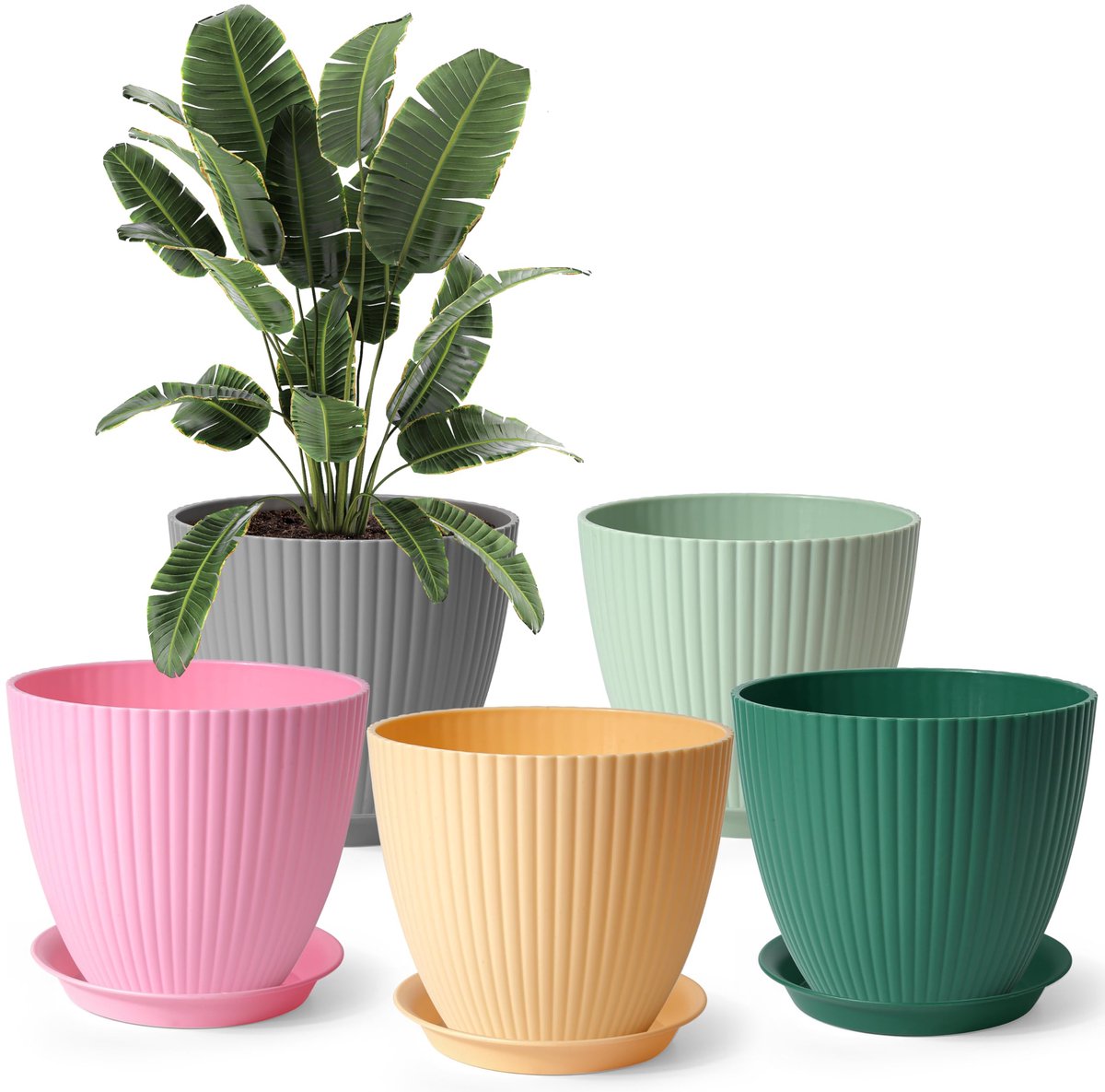 Famanu – Grote bloempotten met drainage gaten en trays, set van 5 stuks, afmetingen 17,5 x 15 cm, perfect voor planten