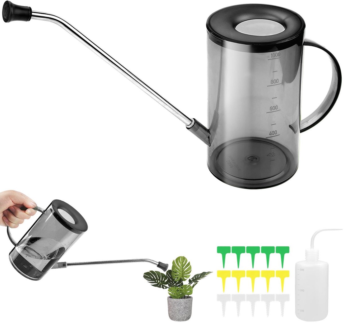 Famanu – Gieter voor kamerplanten, 1L grijze gieter met meetmarkering, handgreep en roestvrijstalen lange tuit, ideaal voor binnen en buiten planten