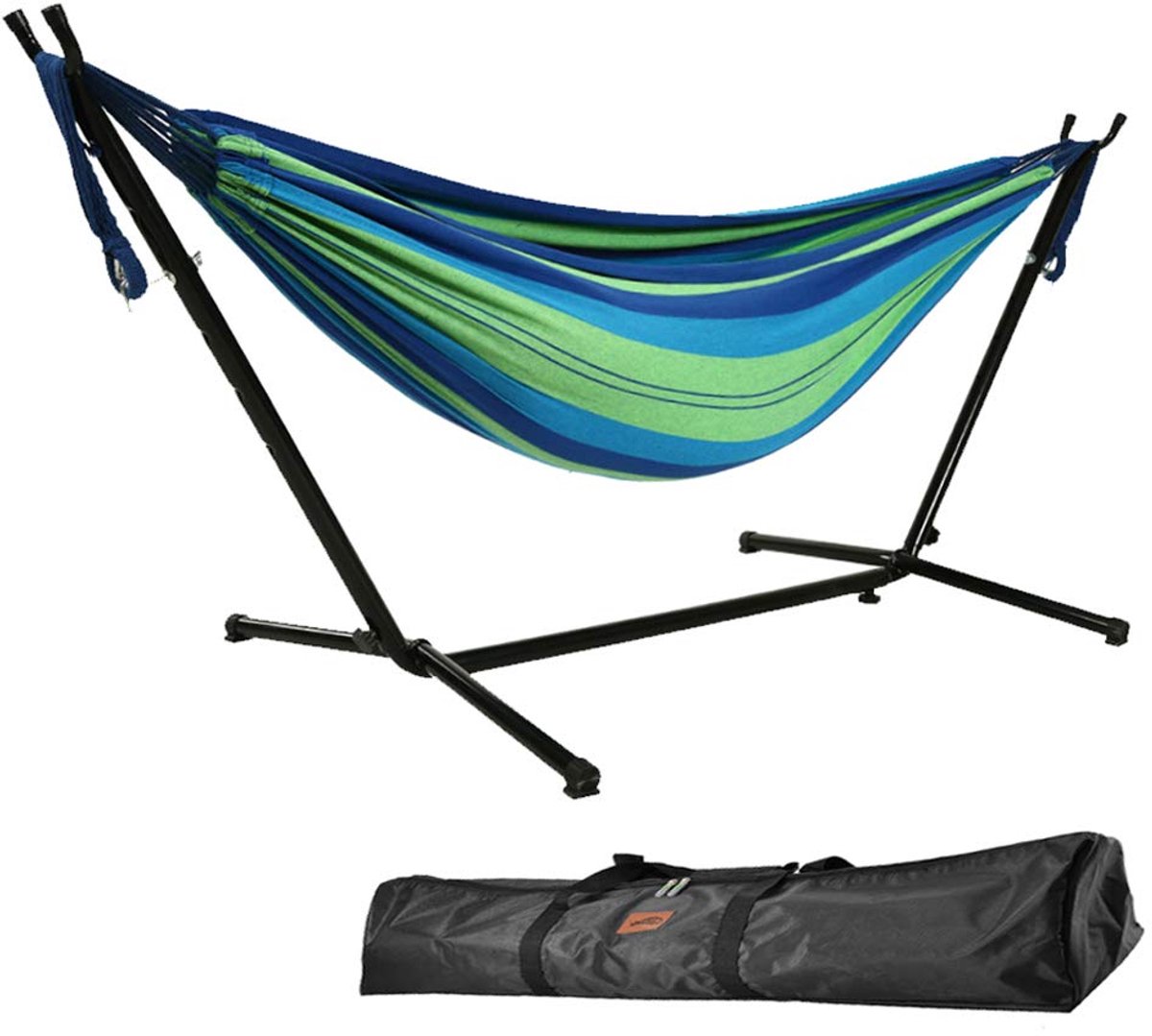 Famanu – Hangmat met standaard, 9 voet dubbel, 250 kg capaciteit, inclusief draagtas, voor binnen en buiten, terras, tuin, balkon (blauw en groen