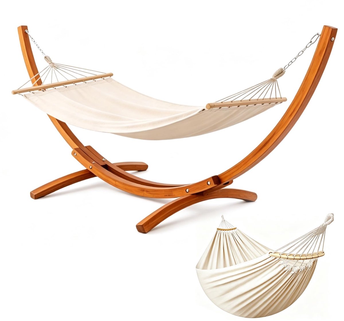 Famanu – Hangmat met houten standaard, inclusief 2 hangmatten, belasting tot 200 kg, 320×120×120 cm, hoogte verstelbaar, voor tuin en balkon