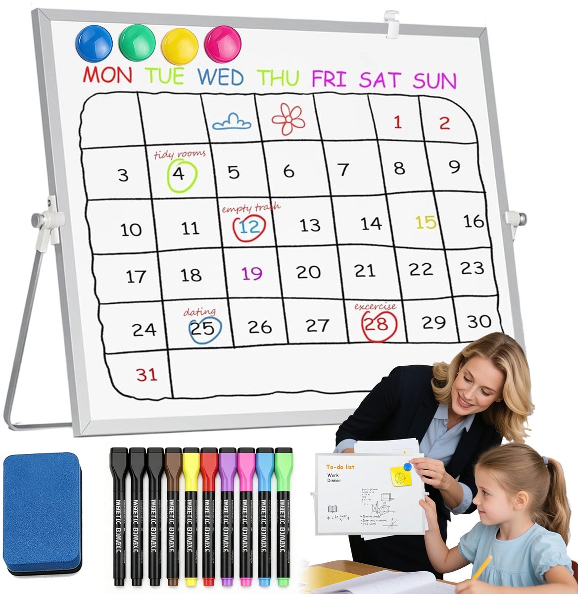 Dubbelzijdig Whiteboard - Magnetisch Whiteboard - Uitwisbaar Whiteboard - Weekplanner - 360° Verstelbare Standaard en Muurbevestiging - Mini Whiteboard - Voor Thuis & Kantoor & School - 10 Stiften & Gum