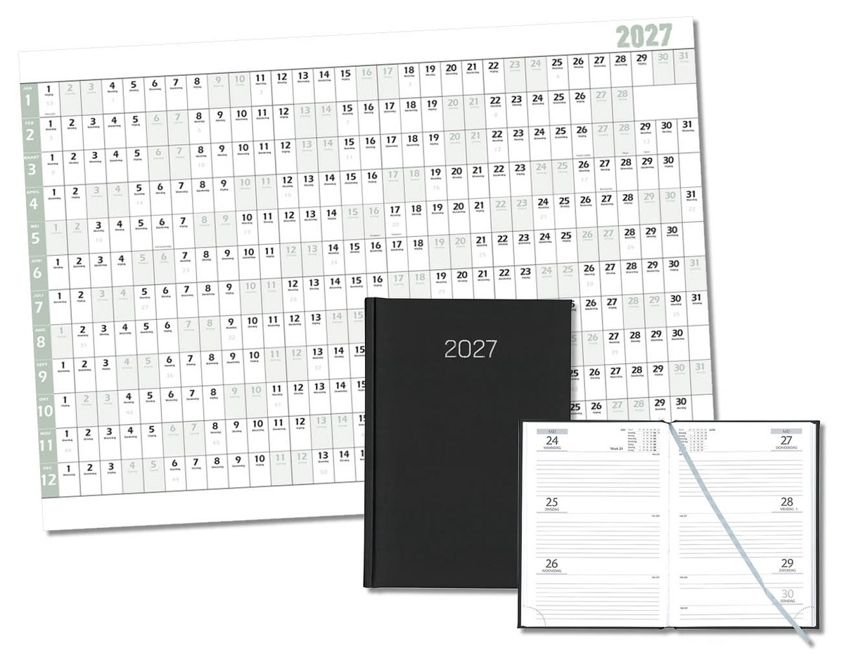 MGPcards - Bureau Week-agenda 2027 - H72 - A5 - 1 week 2 pagina's - Nederlandstalig - Gewatteerde omslag - 14.8 x 21 cm - Mat Zwart + Jaar kalender - Kalender 2027 - Wandplanner - Jaarplanner - Grote planner - A1 formaat - Poster - 84 x 60 cm