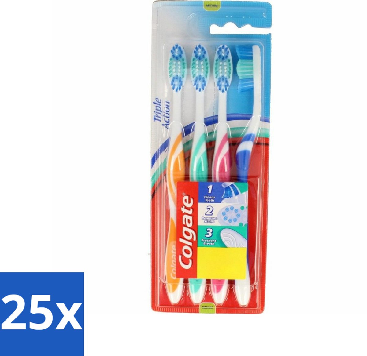 25 x Colgate - Tandenborstels - Triple Action - Medium - 4 borstels - Tandenborstel - Mondhygiëne - Reiniging - Vlekverwijdering - Frisse Adem