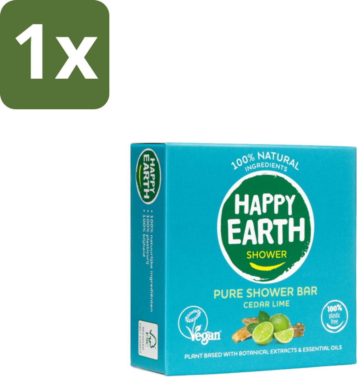 1 x Happy Earth – Shower Bar – 100% Natuurlijk Cedar Lime – 90 g - Shower Bar - Natuurlijke Douchegel - Ceder En Limoen - 100% Natuurlijke Ingrediënten - Vegan