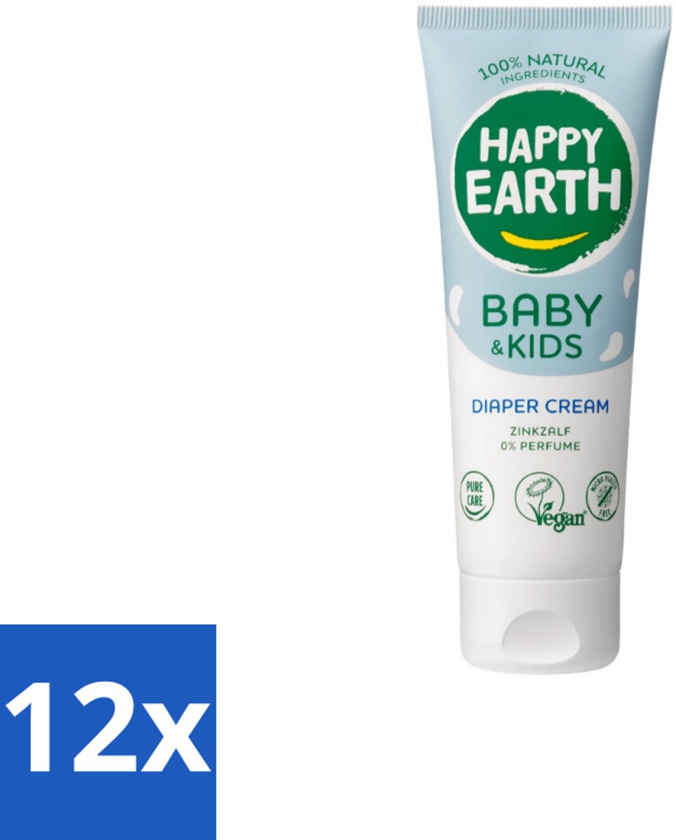 12 x Happy Earth – Diaper Cream – 100% Natuurlijk Baby & Kids – 75 ml - Babybillenbescherming - Luieruitslag Voorkomen - Zachte Babyhuid - Zinkoxide Crème - Natuurrustende Crème