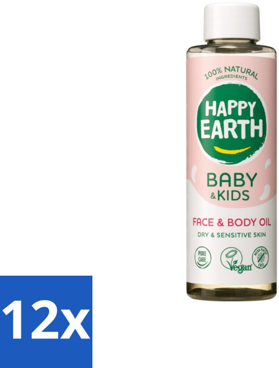 12 x Happy Earth – Face & Body Oil – 100% Natuurlijk Baby & Kids – 150 ml - Babyolie - Gezichtsolie - Lichaamsoil - Natuurlijke Huidverzorging - Babymassageolie