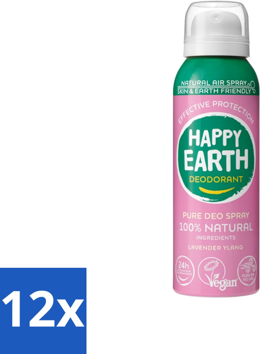 12 x Happy Earth – Deodorant Spray – 100% Natuurlijk Lavender Ylang – 100 ml - Natuurlijke Deodorant Spray - Luchtige Deodorant - Duurzame Deodorant - Lavendel En Ylang-ylang - Huidvriendelijke Deodorant