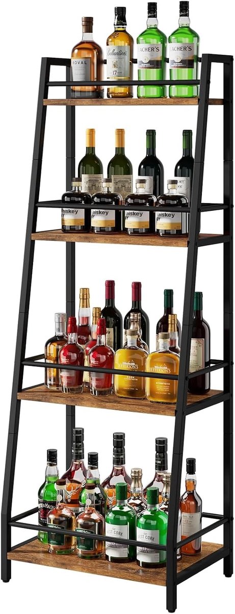 Drie-laags wijnkast in trapvorm, vrijstaand model met grote capaciteit voor whiskey en wijn, vintage bruine afwerking en stijlvolle opslagoplossing