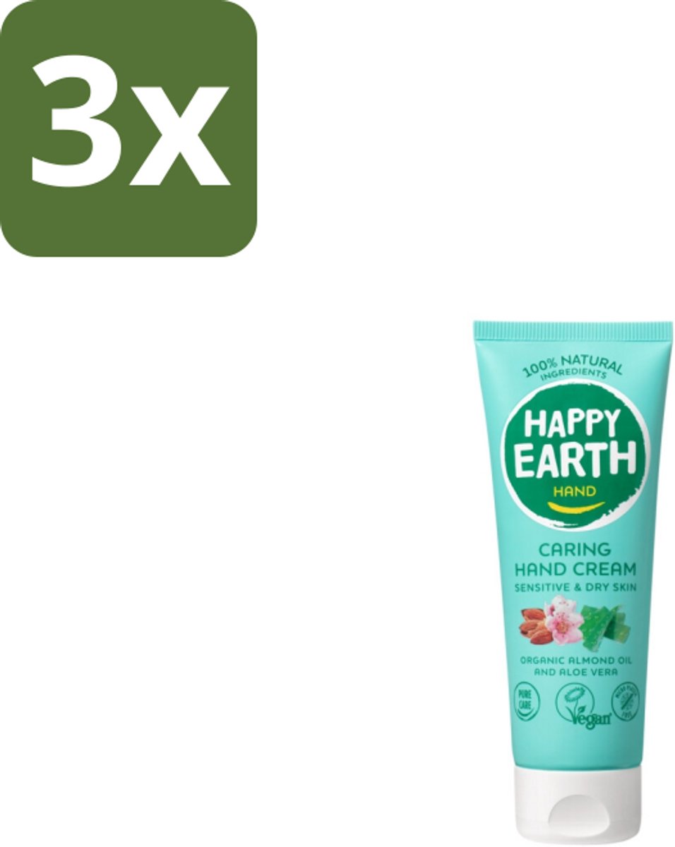 3 x Happy Earth – Handcrème – 100% Natuurlijk – 75 ml - Natuurlijke Handcrème - Vegan Handcrème - Handcrème 100% Natuurlijk - Handcrème Met Aloë Vera - Handcrème Met Shea Boter