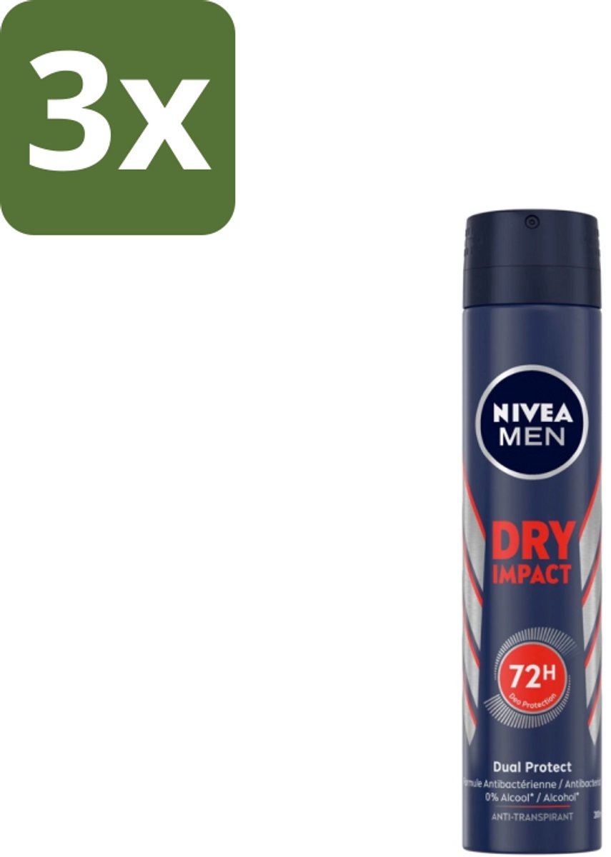 3 x NIVEA MEN – Anti-transpirant spray – Dry Impact – 200 ml - Koffie - Koffiezetapparaat - Koffiezetapparaat Met Automatische Functie
