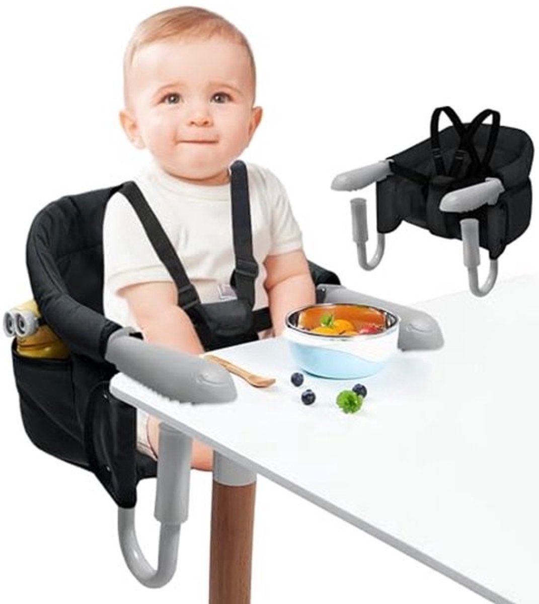 Opvouwbare tafelstoel voor baby's - Zwart - Hoge stoel met veiligheidsgordel en rugkussen, ideaal voor thuis en onderweg