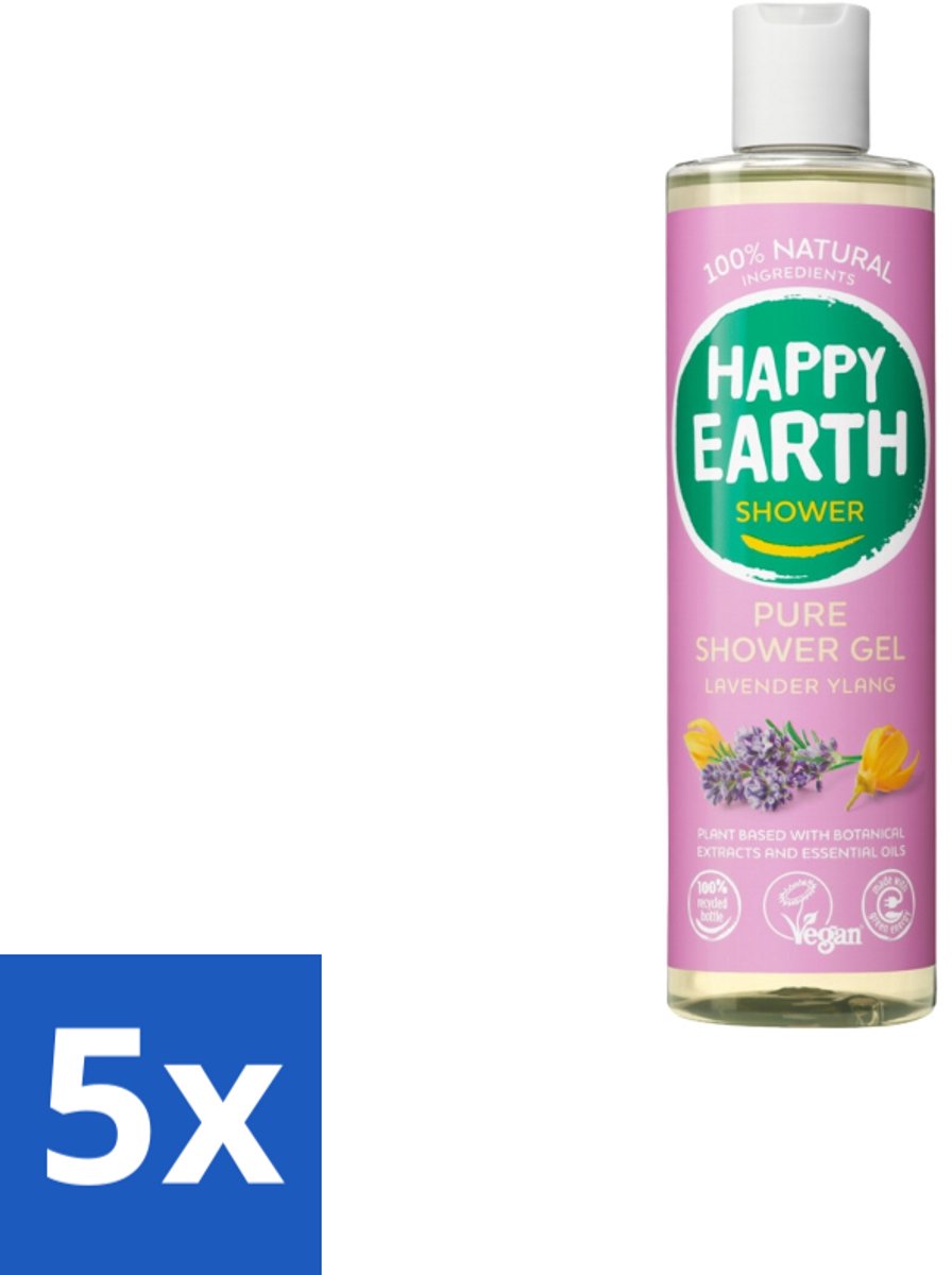 5 x Happy Earth – Douchegel – 100% Natuurlijk Lavender Ylang – 300 ml - Douchegel - Natuurlijke Douchegel - Lavendel Ylang - 100% Natuurlijk - Vegan Douchegel