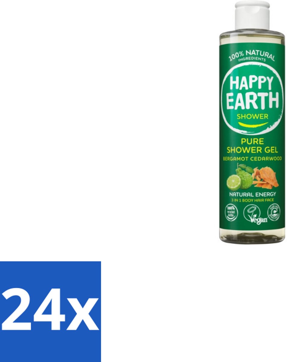 24 x Happy Earth – Douchegel – 100% Natuurlijk Bergamot Cedarwood – 300 ml - Douchegel Bergamot Cederhout - Natuurlijke Douchegel - Vegan Douchegel - Biologische Douchegel - Huidvriendelijke Douchegel